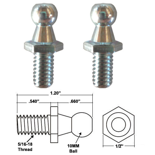 10mm Threaded Ball Studs with 5/16-18 threads for Gas Spring/Prop/Strut (2 Pack) | BS10MM2