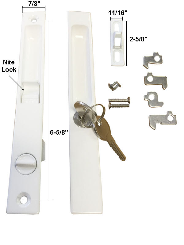 Keyed White Flush Mount Sliding Glass Door Handle Set 6-1/2&quot; Screw Holes with Five Cam Assortment  | 13-140WK | 13140WK