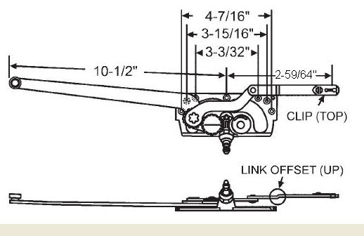 TechnologyLK STB Casement Window Operator, Left Hand, Mechanism Only, 10-1/2&quot; &amp; 2-59/64&quot; Arms, Link Offset Up, Clip on Top | 36183