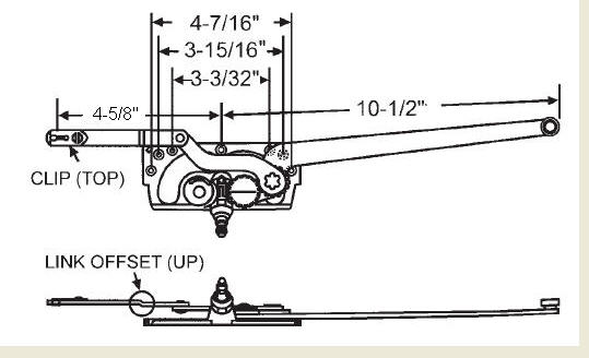 TechnologyLK STB Casement Window Operator, Right Hand, Mechanism Only, 10-1/2&quot; &amp; 4-5/8&quot; Arms, Link Offset Up, Clip on Top | 36185