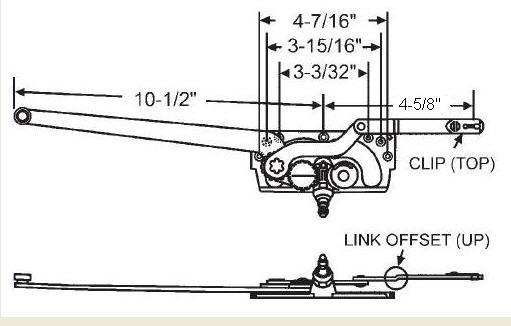 TechnologyLK STB Casement Window Operator, Left Hand, Mechanism Only, 10-1/2&quot; &amp; 4-5/8&quot; Arms, Link Offset Up, Clip on Top | 36186
