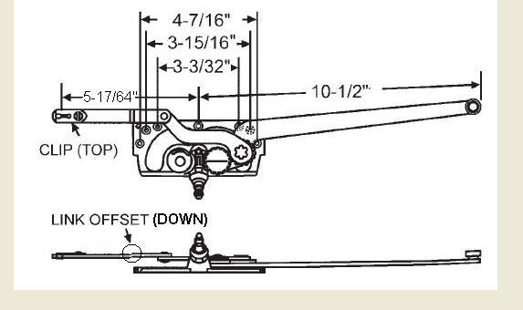 TechnologyLK STB Casement Window Operator, Right Hand, Mechanism Only, 10-1/2&quot; &amp; 5-17/64&quot; Arms, Link Offset Down, Clip on Top | 36191