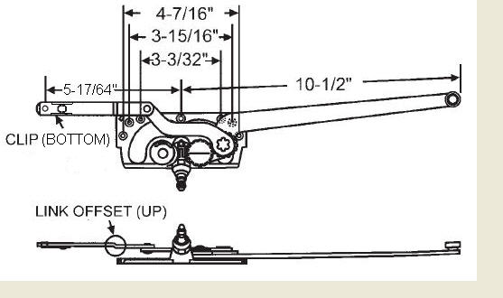 TechnologyLK STB Casement Window Operator, Right Hand, Mechanism Only, 10-1/2&quot; &amp; 5-17/64&quot; Arms, Link Offset Up, Clip on Bottom | 36196