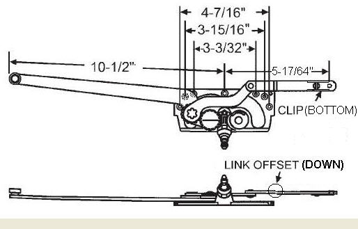 TechnologyLK STB Casement Window Operator, Left Hand, Mechanism Only, 10-1/2&quot; &amp; 5-17/64&quot; Arms, Link Offset Down, Clip on Bottom | 36335