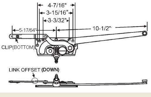 TechnologyLK STB Casement Window Operator, Right Hand, Mechanism Only, 10-1/2&quot; &amp; 5-17/64&quot; Arms, Link Offset Down, Clip on Bottom | 36336