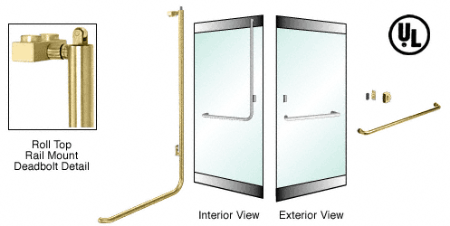C.R. Laurence CRL Satin Brass Right Hand Reverse Roll Top Double Acting Rail Mount Keyed Access &quot;A&quot; Exterior Top Securing Deadbolt Handle- 3/4&quot; Glass | 3DR100A3RKSB