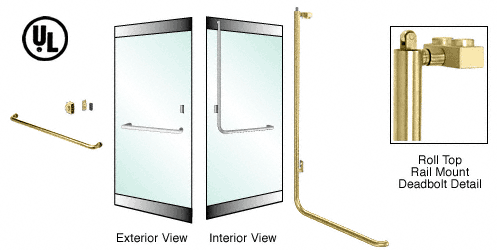 C.R. Laurence CRL Satin Brass Left Hand Reverse Roll Top Double Acting Rail Mount Keyed Access &quot;A&quot; Exterior Top Securing Deadbolt Handle- 3/4&quot; Glass | 3DR100A4RKSB