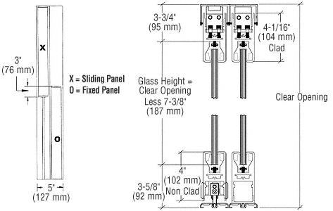 C.R. Laurence CRL Brushed Stainless XO/OX Format Sliding Door Entrance System - 4&quot; Top and Bottom Square Rail | 4SDR2CBS