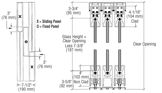 C.R. Laurence CRL Satin Anodized XOX Format Sliding Door Entrance System - 4&quot; Top and Bottom Square Rail | 4SDR3DSA
