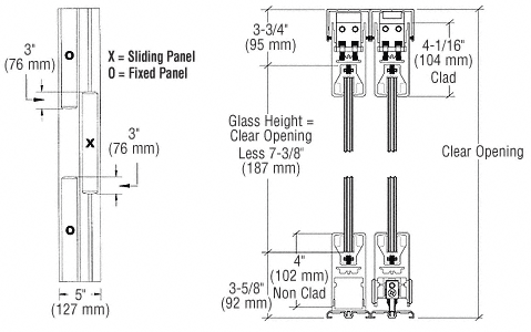 C.R. Laurence CRL Polished Stainless OXO Format Sliding Door Entrance System - 4&quot; Top and Bottom Square Rail | 4SDR3EPS