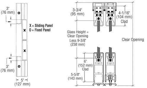 C.R. Laurence CRL Satin Anodized OXXO Format Sliding Door Entrance System - 4&quot; Square Top 6&quot; Square Bottom Rail | 6SDR4FSA