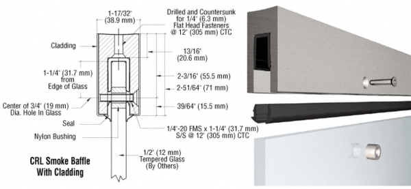 C.R. Laurence CRL Custom Aluminum Smoke Baffle Base Shoe With Brushed Stainless Cladding for 1/2&quot; Glass | B5BBSC