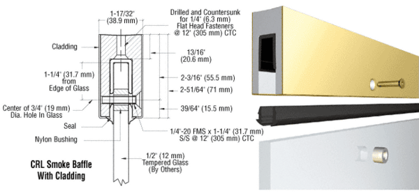 C.R. Laurence CRL Custom Aluminum Smoke Baffle Base Shoe With Polished Brass Cladding for 1/2&quot; Glass | B5BPBC