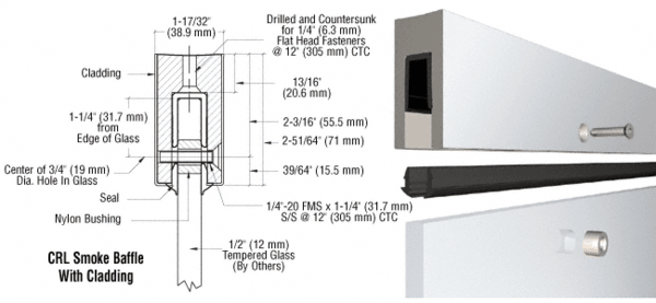 C.R. Laurence CRL Custom Aluminum Smoke Baffle Base Shoe With Polished Stainless Cladding for 1/2&quot; Glass | B5BPSC