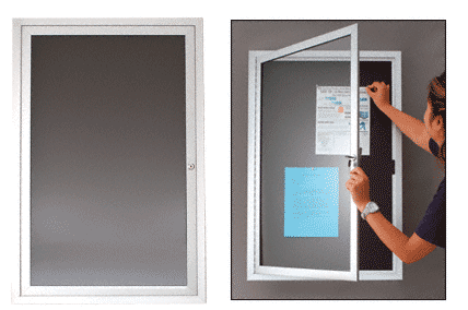 C.R. Laurence CRL 24&quot; x 36&quot; Satin Anodized Single Door Hinged Bulletin Board Case- Black Cork Backboard | BBC11CA
