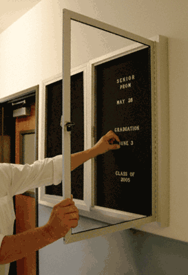 C.R. Laurence CRL 47&quot; x 36&quot; Satin Anodized Hinged Bulletin Board with Black Letter Board | BBC12LA