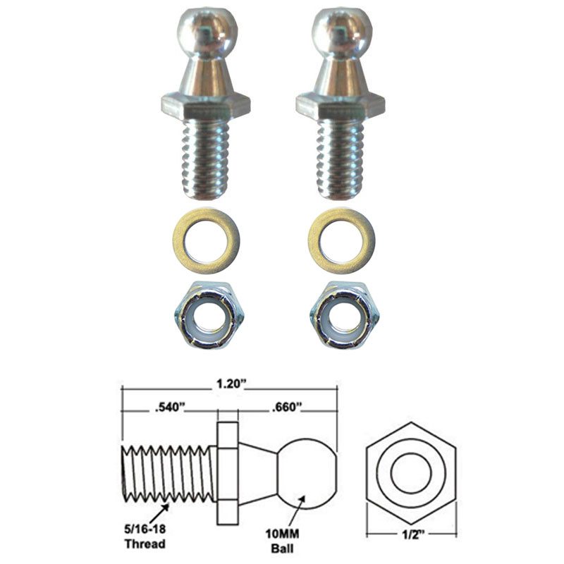 10mm Ball Studs with Hardware - 5/16-18 Thread x 1/2&quot; Long Shank for Gas Springs, Gas Props and Struts | 10MMBSH2