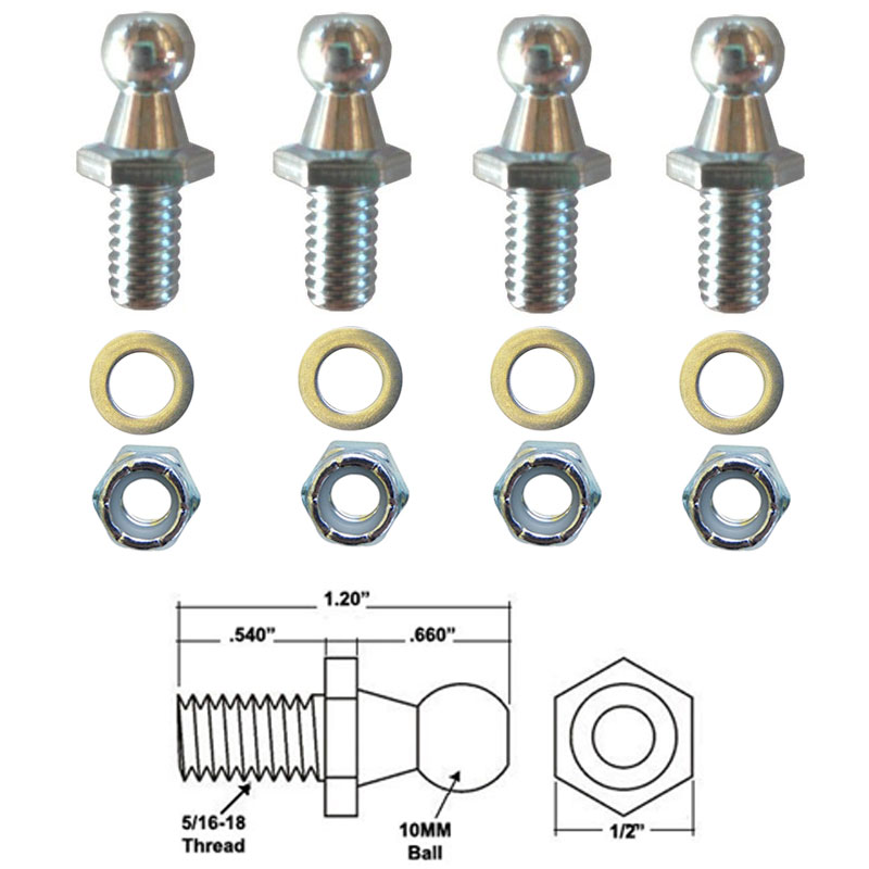 10mm Ball Studs with Hardware - 5/16-18 Thread x 1/2&quot; Long Shank for Gas Springs, Gas Props and Struts | 10MMBSH4