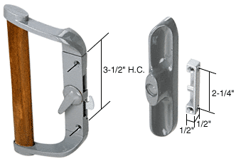 C.R. Laurence Aluminum/Wood Hook-Style Surface Mount Sliding Glass Door Handle 3-1/2&quot; Screw Holes - Non-Keyed | C1016