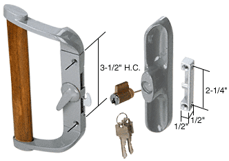 C.R. Laurence Hook Style Surface Mount Sliding Glass Patio Door Handle Set, 3-1/2&quot; Screw Holes, Keyed, Aluminum/Wood  | C1017