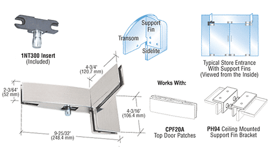 C.R. Laurence CRL Brushed Stainless Finish Curved Left Hand Sidelite Transom Patch with Support Fin Bracket and INT300 Insert | CPF41LBS