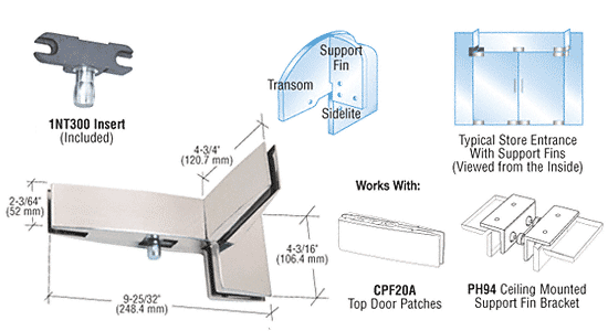 C.R. Laurence CRL Polished Stainless Finish Curved Left Hand Sidelite Transom Patch with Support Fin Bracket and INT300 Insert | CPF41LPS