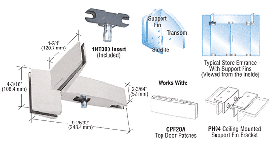 C.R. Laurence CRL Brushed Stainless Finish Curved Right Hand Sidelite Transom Patch with Support Fin Bracket and INT300 Insert | CPF41RBS
