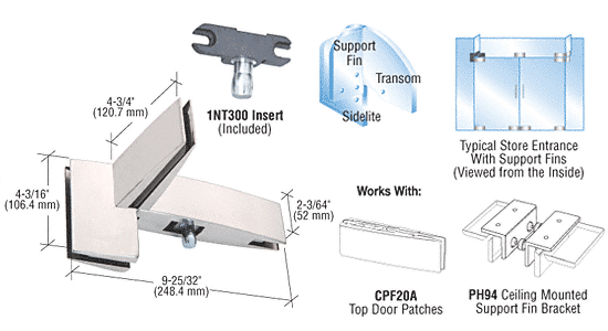 C.R. Laurence CRL Polished Stainless Finish Curved Right Hand Sidelite Transom Patch with Support Fin Bracket and INT300 Insert | CPF41RPS