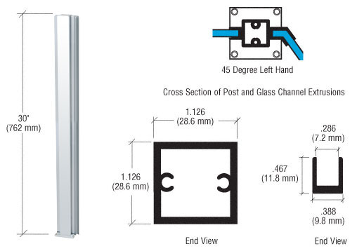 C.R. Laurence CRL Brite Anodized 30&quot; Left Hand 45 Degree Partition Post | D990BA30LH45C
