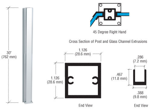 C.R. Laurence CRL Brite Anodized 30&quot; Right Hand 45 Degree Partition Post | D990BA30RH45C