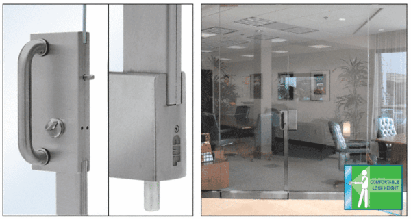 C.R. Laurence CRL Brushed Stainless 4&quot; x 10&quot; Center Lock With Bottom Rail Extension Rod Throw - Two Point With Handle | DE4102BS