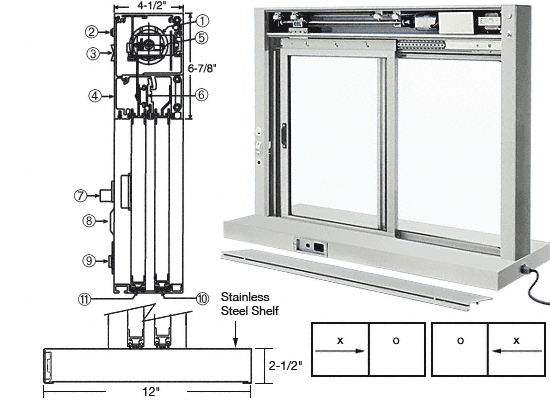 C.R. Laurence CRL Custom Size Satin Anodized All Electric Fully Automatic Deluxe Sliding Service Window - Stainless Steel Shelf | EDW1804A
