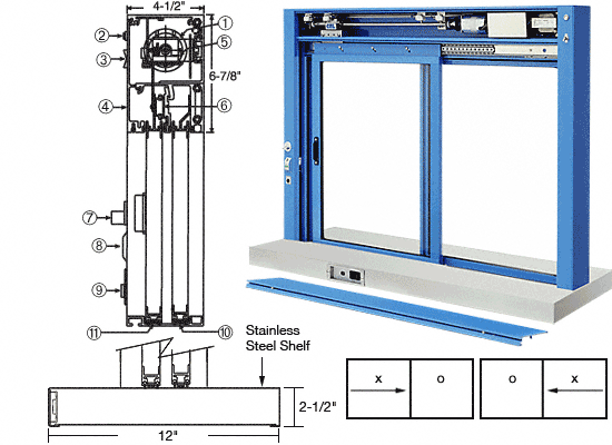 C.R. Laurence CRL Custom Size Kynar Painted (Specify) All Electric Fully Automatic Deluxe Sliding Service Window - Stainless Steel Shelf | EDW1804K