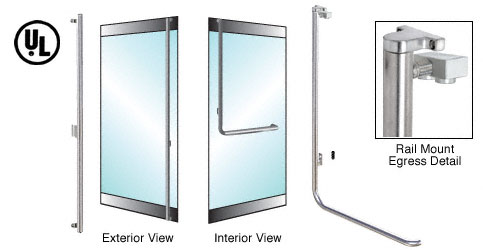 C.R. Laurence CRL Brushed Stainless Left Hand Reverse Swing Rail Mount No Cylinder &quot;F&quot; Exterior Top Securing Electronic Egress Control Handle | EG100F4RPBS