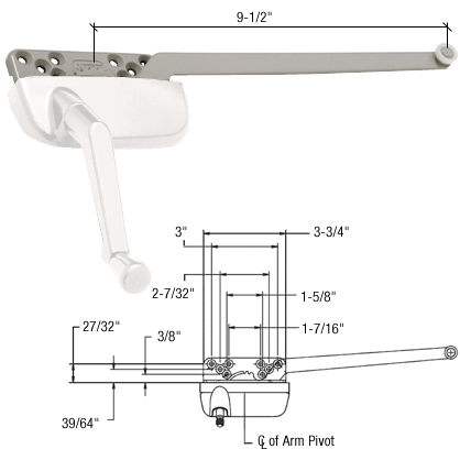CRL WhiteLeft Hand Ellipse Style Casement Operator Surface Mount with 9-1/2&quot; Single Arm  | EP24186