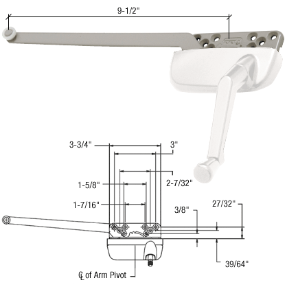 CRL White Right Hand Ellipse Style Casement Operator Surface Mount with 9-1/2&quot; Single Arm  | EP24187