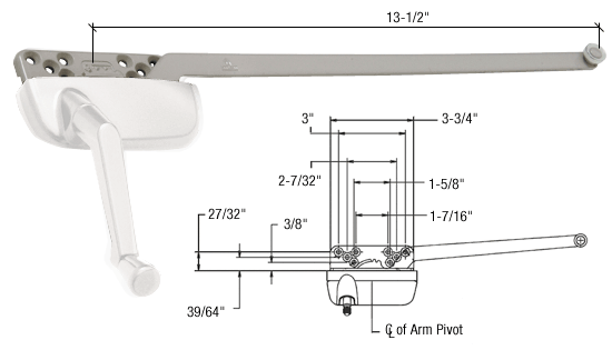 CRL White Left Hand Ellipse Style Casement Operator Surface Mount with 13-1/2&quot; Single Arm  | EP24198