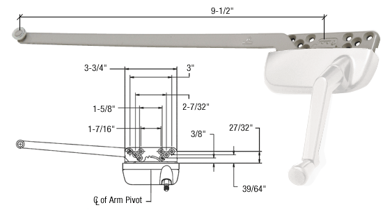 CRL White Right Hand Ellipse Style Casement Operator Surface Mount with 13-1/2&quot; Single Arm  | EP24199