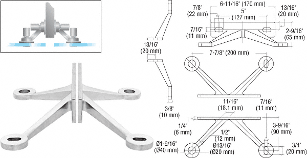 C.R. Laurence CRL Polished Stainless Regular Duty 4-Arm &quot;V&quot; Fin Mount Frame | FMR4PS