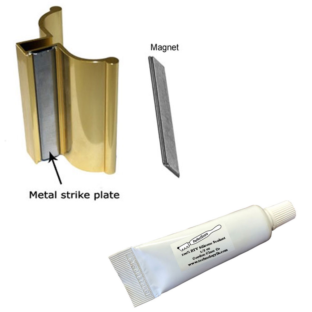 3&quot; Bright Gold Frameless Shower Door Handle with Metal Strike and Magnet - Set  | FSDH3GPKKIT