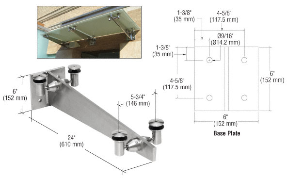 C.R. Laurence CRL Brushed Stainless 24&quot; Universal Wall Mounted Glass Awning Bracket | GAB24BS