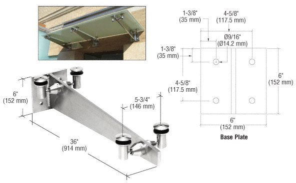 C.R. Laurence CRL Polished Stainless 36&quot; Universal Wall Mounted Glass Awning Bracket | GAB36PS