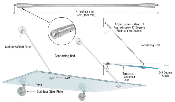 C.R. Laurence CRL Brushed Stainless 37&quot; Glass Awning System Connecting Rod for 36&quot; Wide Panels  | GAS37BS