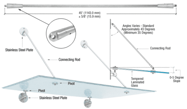 C.R. Laurence CRL Brushed Stainless 45&quot; Glass Awning System Connecting Rod for 42&quot; Wide Panels  | GAS45BS