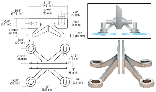 C.R. Laurence CRL Brushed Stainless Four Arm  &quot;V&quot;  Wall/Fin  Mounted Fitting | GRF4BS