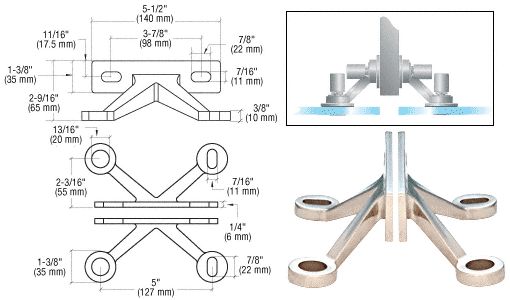 C.R. Laurence CRL Polished Stainless Four Arm &quot;V&quot; Wall/Fin Mounted Fitting | GRF4PS