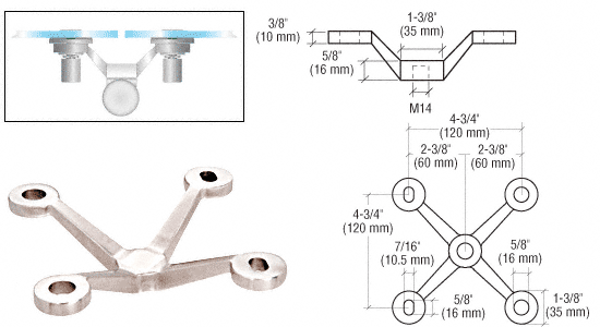 C.R. Laurence CRL Polished Stainless Four Arm “V&quot; Post Mounted Fitting | GRP4PS