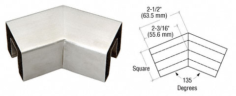 C.R. Laurence CRL Brushed Stainless 135 Degree Horizontal Corner for 1-1/2&quot; Square Glass Cap Railing | GRS15H3BS