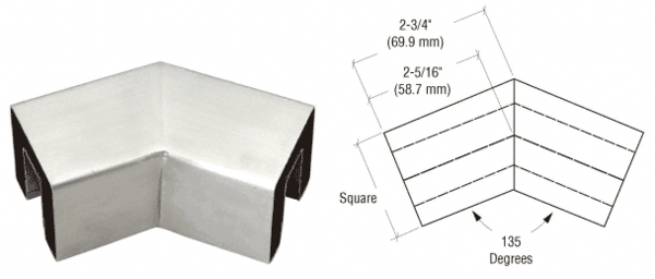 C.R. Laurence CRL Brushed Stainless 2&quot; Square 135 Degree Horizontal Corner for 1/2&quot; Square Glass Cap Railing | GRS20H3BS