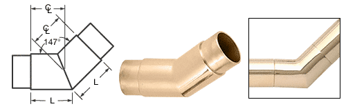 C.R. Laurence CRL Polished Brass 147&amp;#176; Flush Angle for 1-1/2&quot; (38.1 mm) Tubing | HR15APB
